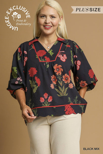Black Mix Floral Print Textured Top