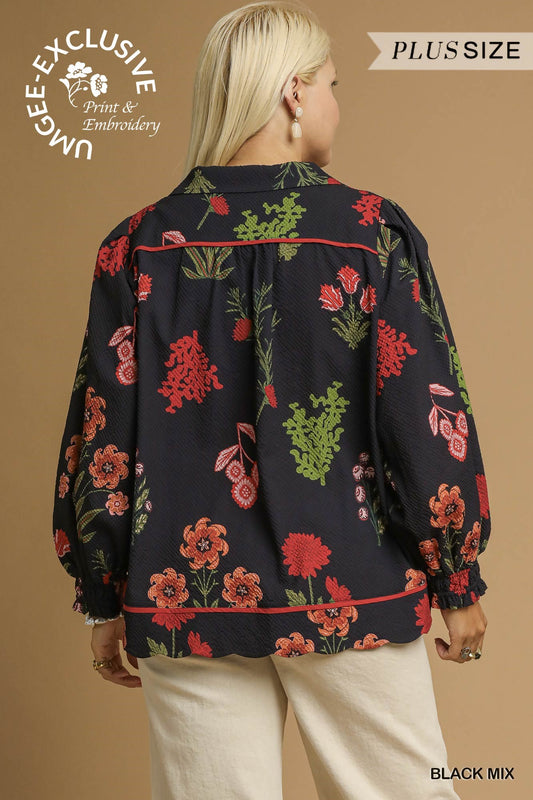 Black Mix Floral Print Textured Top