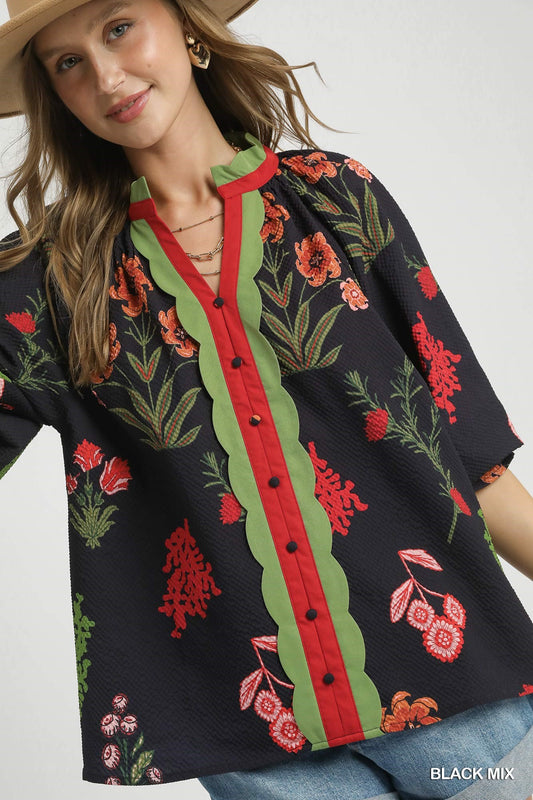 Dolly Floral Textured Blouse with Scalloped Trim
