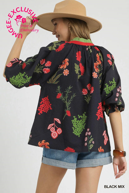 Dolly Floral Textured Blouse with Scalloped Trim