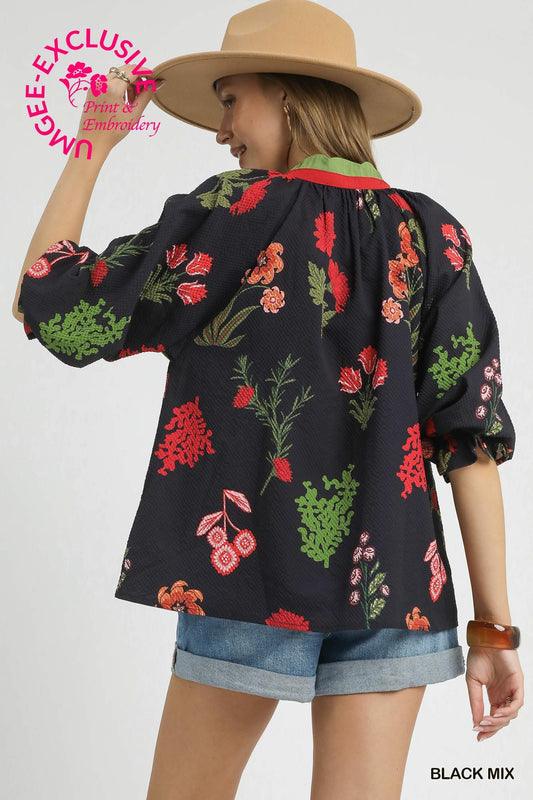 Dolly Floral Textured Blouse with Scalloped Trim