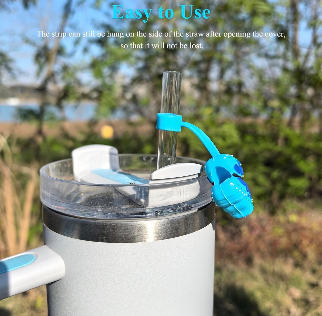 Blue Butterfly Straw Cover with flexible strip, fits various straw sizes, hangs open for convenience. Tumbler not included.