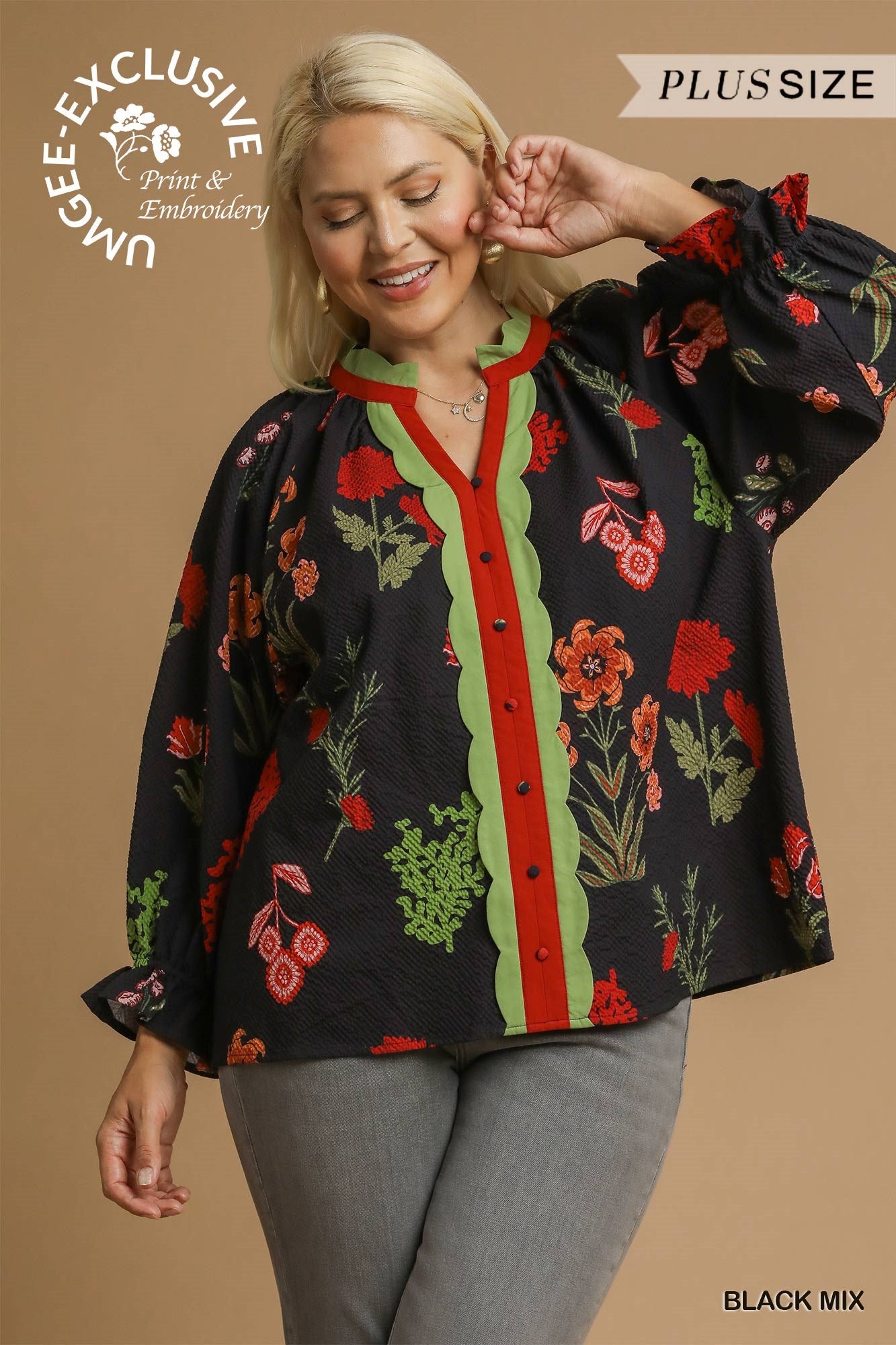 Dolly Floral Textured Blouse with Scalloped Trim