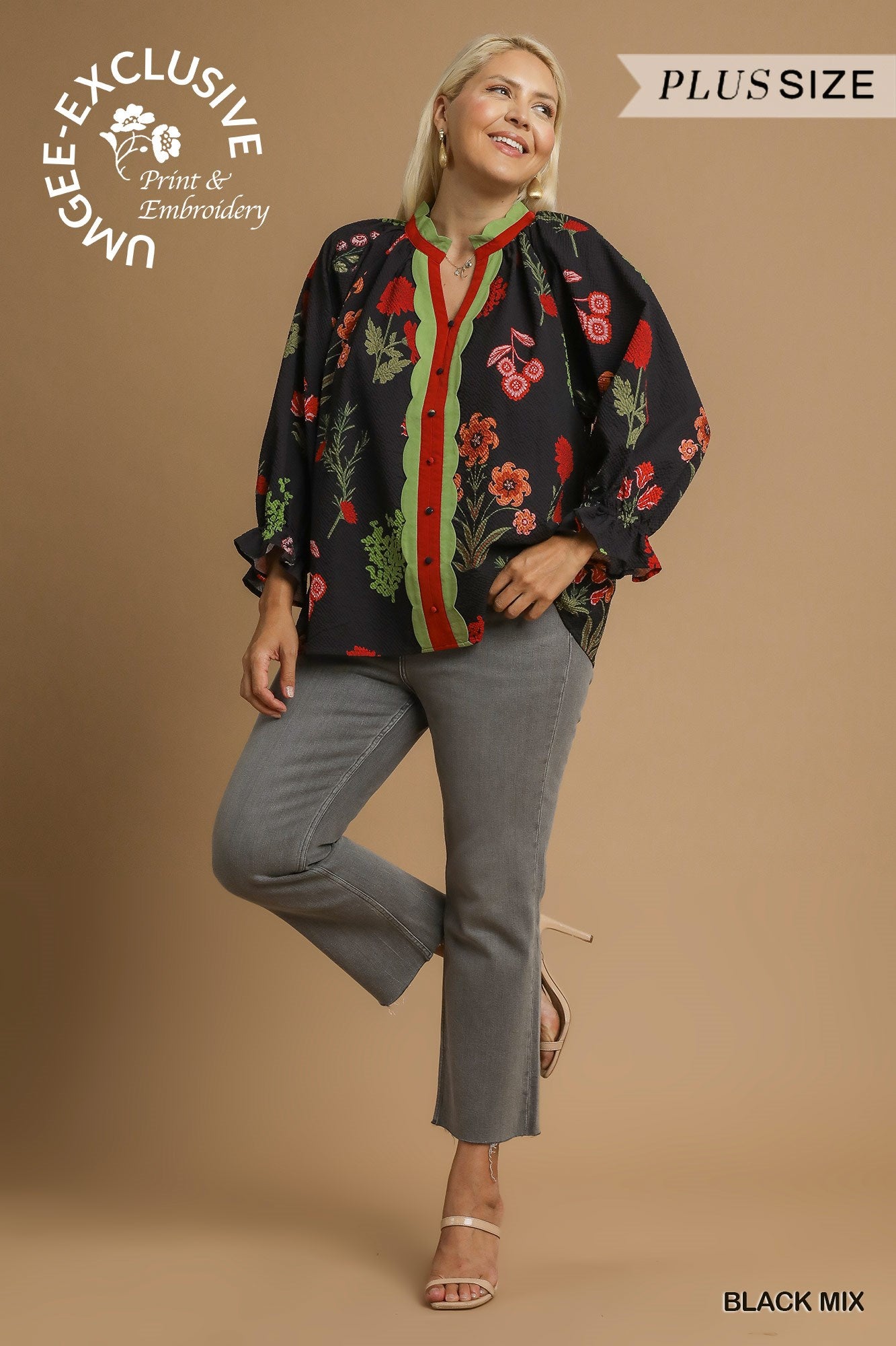 Dolly Floral Textured Blouse with Scalloped Trim