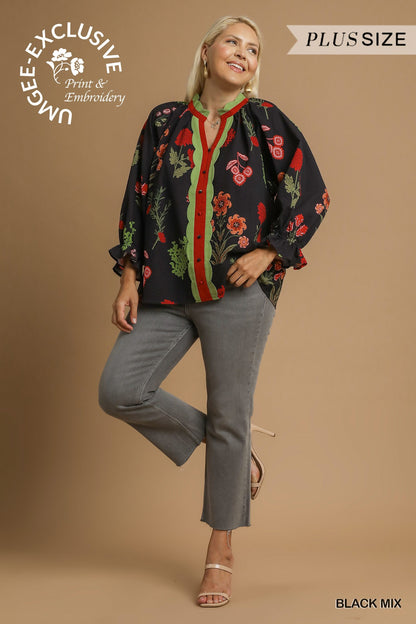 Dolly Floral Textured Blouse with Scalloped Trim