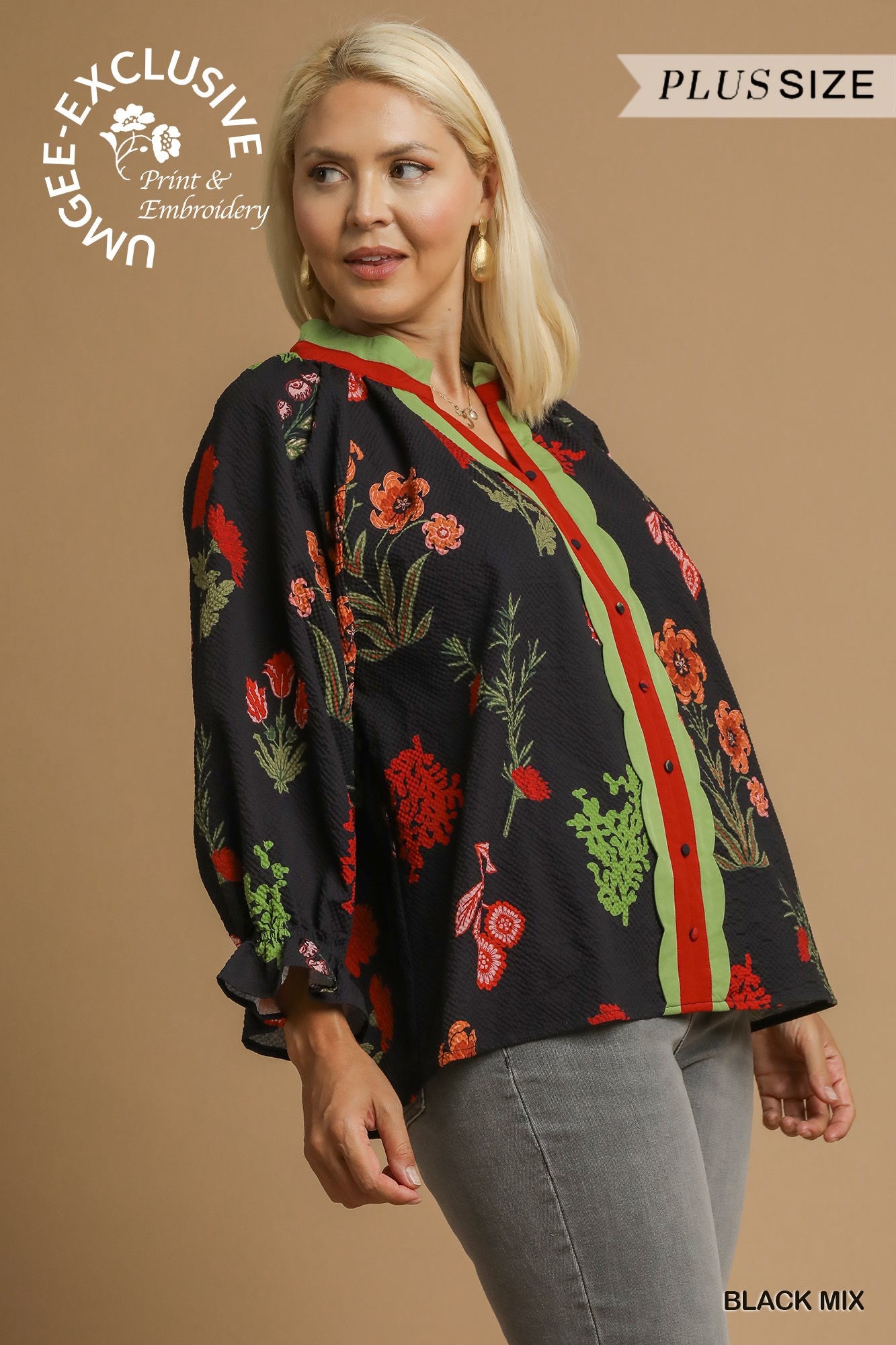 Dolly Floral Textured Blouse with Scalloped Trim