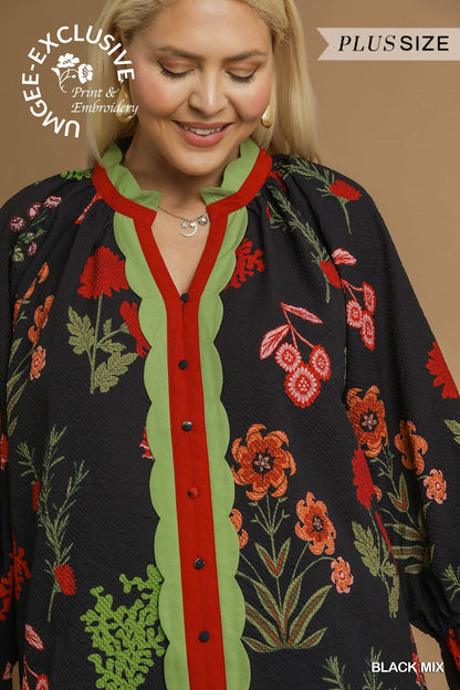 Dolly Floral Textured Blouse with Scalloped Trim
