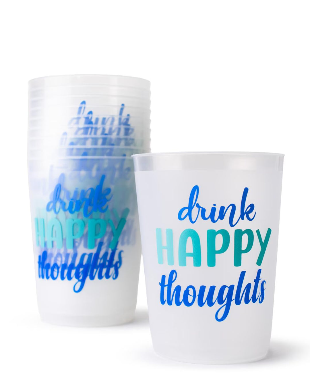 16oz Drink Happy Thoughts Party Cups featuring “drink HAPPY thoughts” in blue and teal. Available size: 16oz.