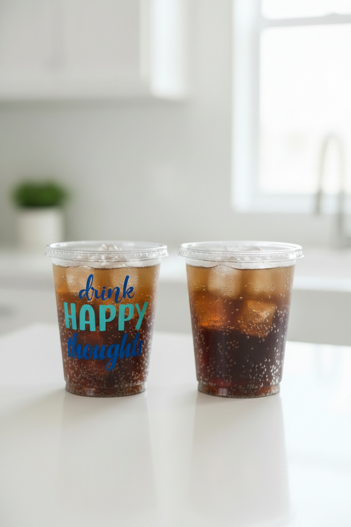 Two 16oz Drink Happy Thoughts Party Cups, one featuring colorful "drink HAPPY thoughts" text, are filled with iced soda.