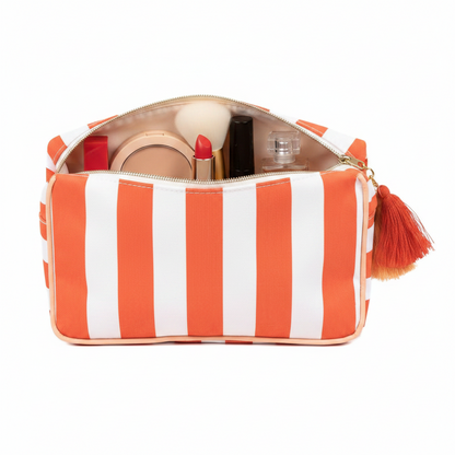 Fiesta and White Stripe Megan Cosmetic Bag: orange/white laminated canvas, zippered closure, tassel. Sizes available.