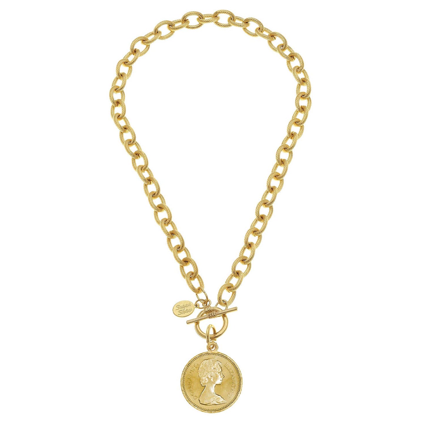 24k gold-plated Queen Coin Toggle Necklace with large oval links, coin pendant, toggle clasp, and a small tag. Sizes available.