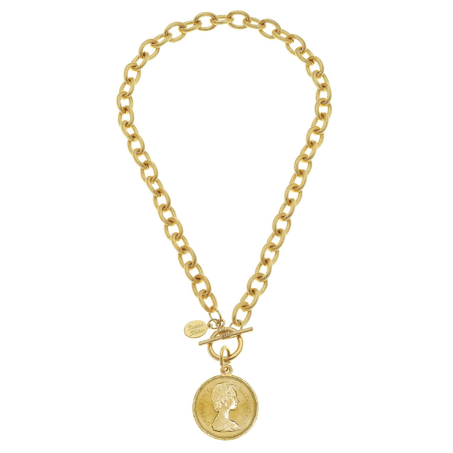 24k gold-plated Queen Coin Toggle Necklace with large oval links, coin pendant, toggle clasp, and a small tag. Sizes available.