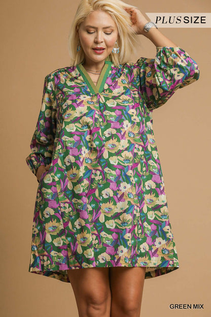 Boho Floral V-Neck Balloon Sleeve Dress