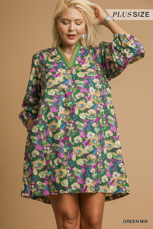Boho Floral V-Neck Balloon Sleeve Dress