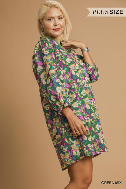 Boho Floral V-Neck Balloon Sleeve Dress
