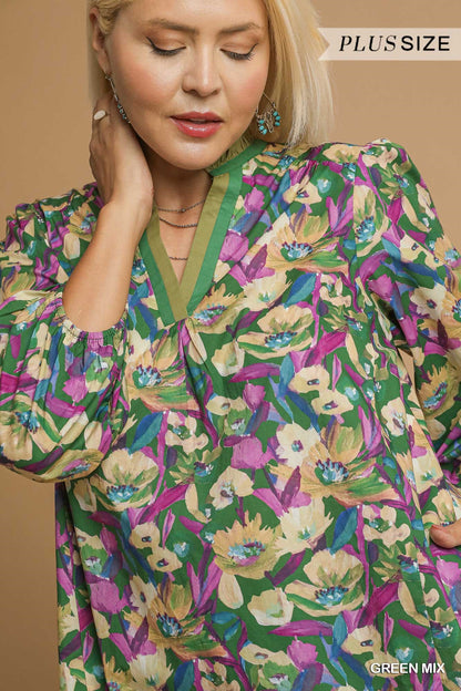Boho Floral V-Neck Balloon Sleeve Dress