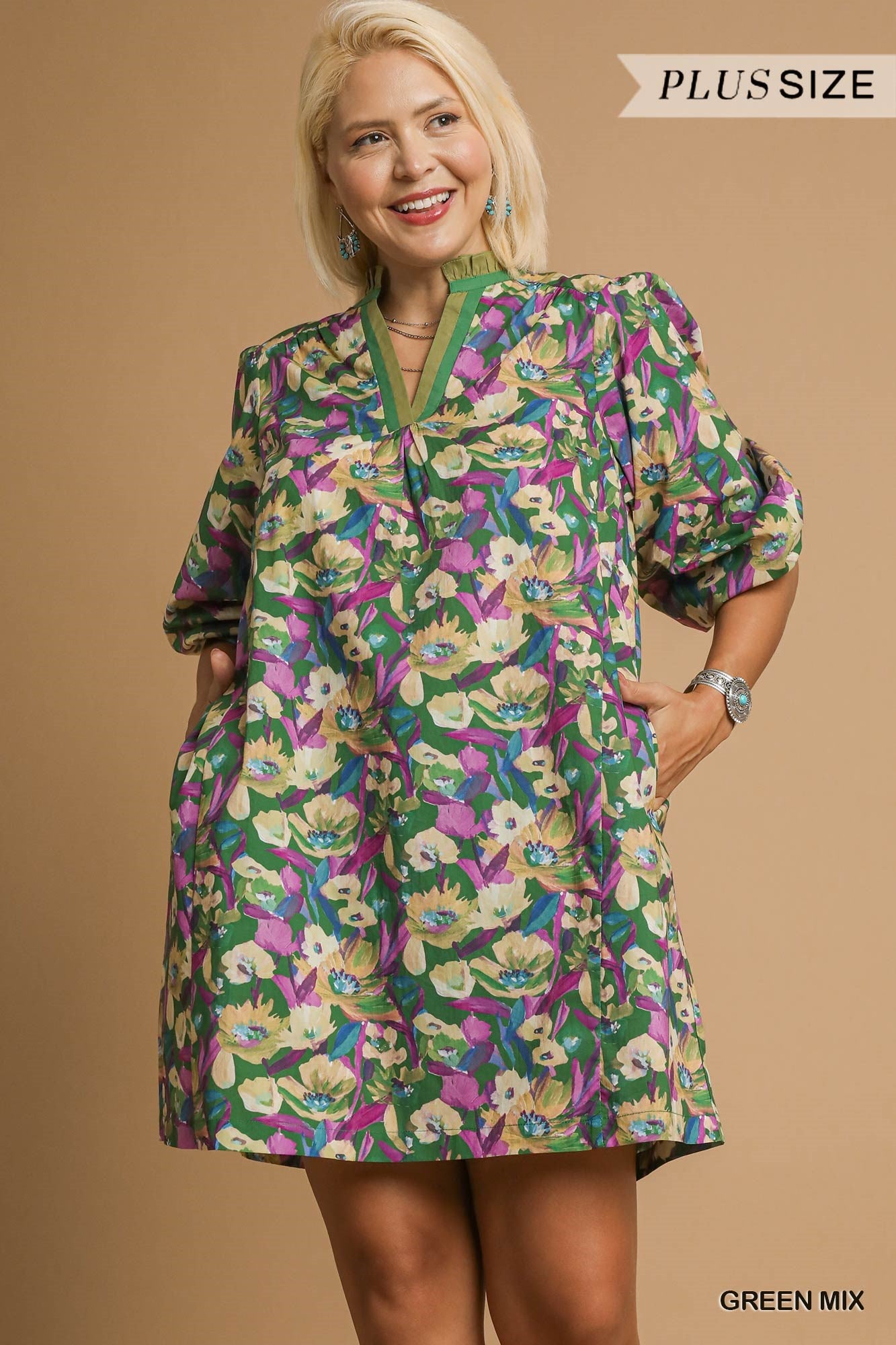Boho Floral V-Neck Balloon Sleeve Dress