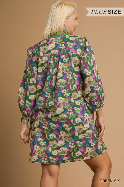Boho Floral V-Neck Balloon Sleeve Dress