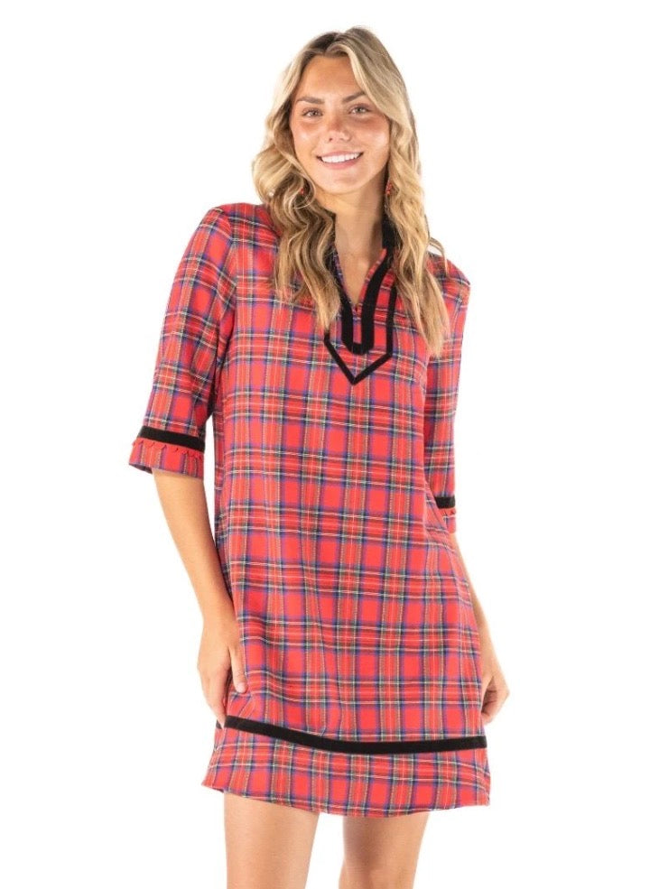 Red Plaid Velvet Trim Mini Dress with black velvet trim at neckline, cuffs, and hem. Available in multiple sizes.