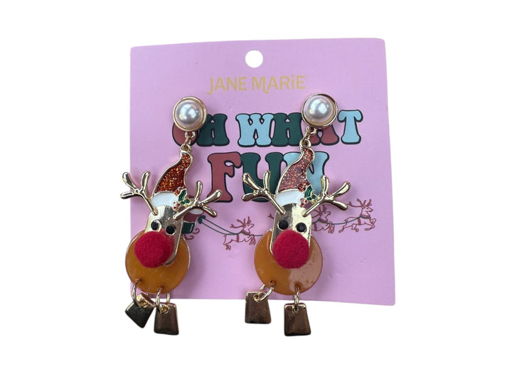 Acrylic reindeer earrings with red pom-pom noses, glittery hats, and pearl studs.