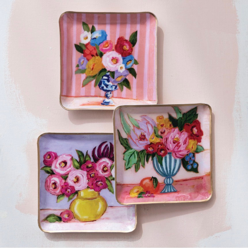 Set of three square enamel floral trays with hand-painted flower designs in blue and yellow vases. Available sizes: small, medium, and large.