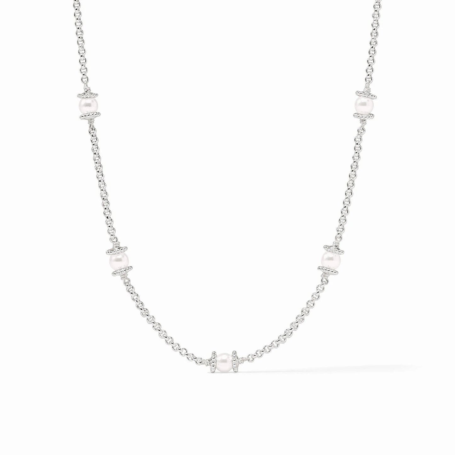 Pure silver plate chain with round shell pearls and sparkling accents; adjustable length. Available sizes: 16", 18", 20".