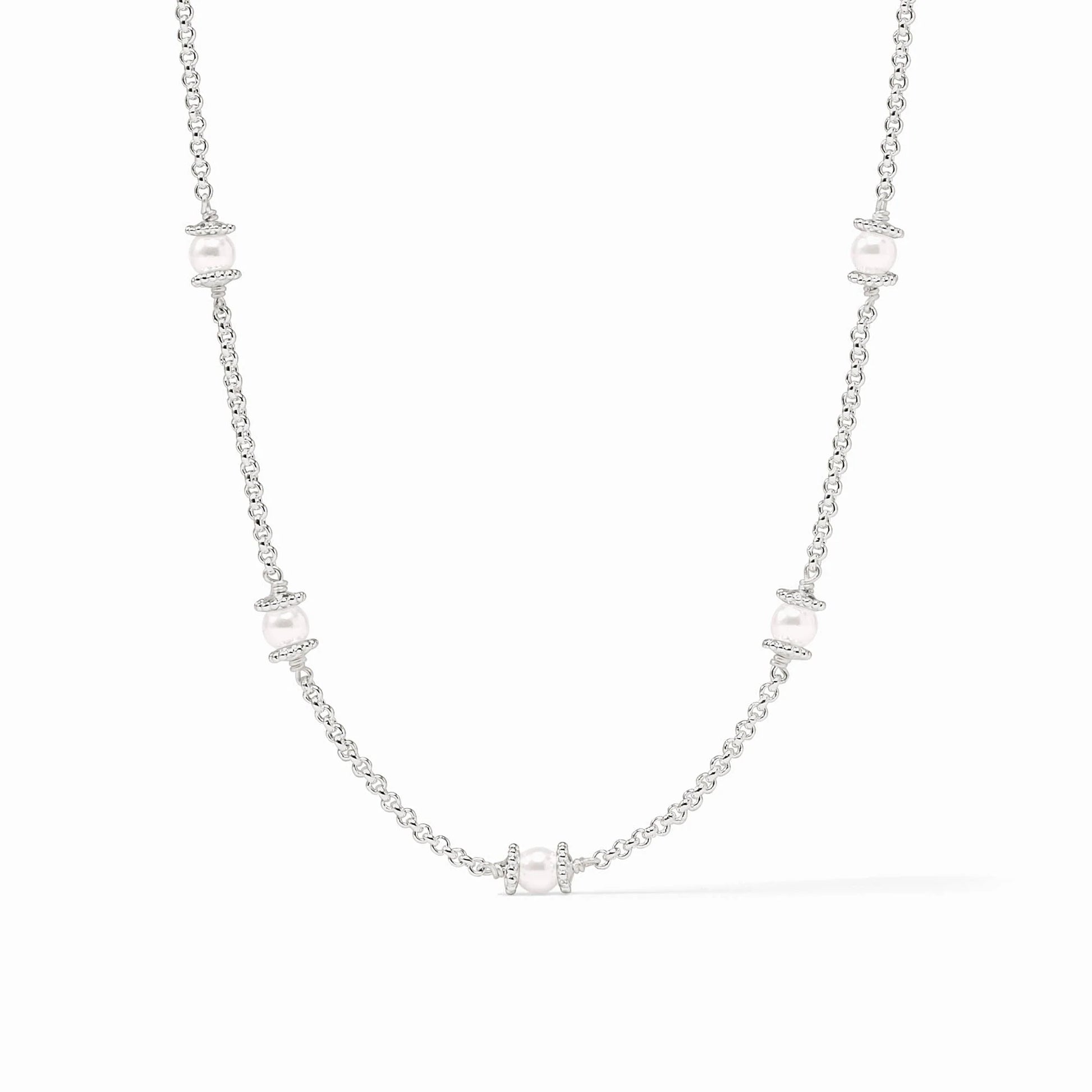 Pure silver plate chain with round shell pearls and sparkling accents; adjustable length. Available sizes: 16", 18", 20".