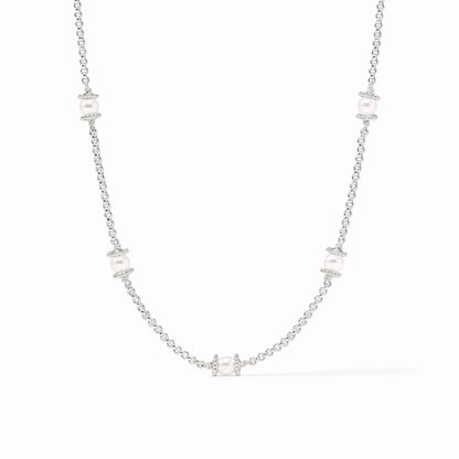 Pure silver plate chain with round shell pearls and sparkling accents; adjustable length. Available sizes: 16", 18", 20".