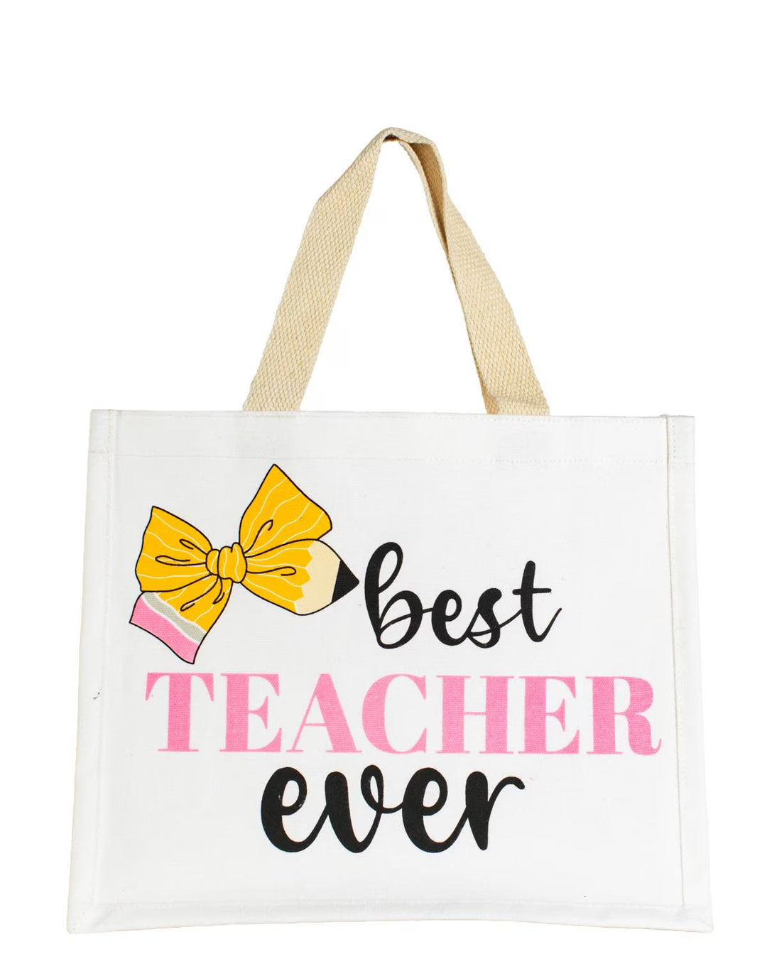 White tote with beige handles, yellow pencil and bow, "best TEACHER ever" text. Sizes: standard only.