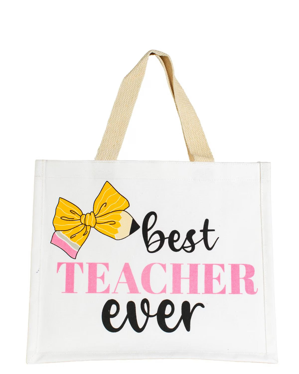 White tote with beige handles, yellow pencil and bow, "best TEACHER ever" text. Sizes: standard only.