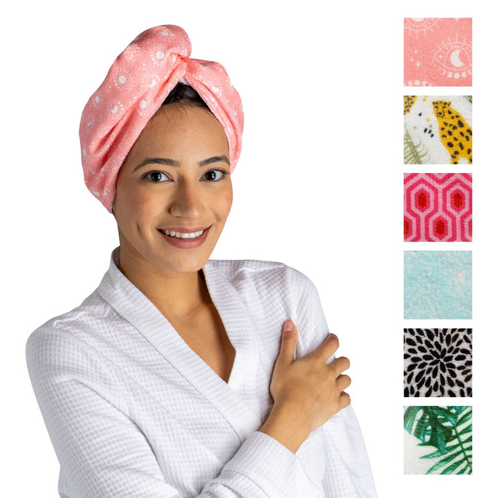 Lemon Lavender Plot Twist Turbo Towel: pink patterned microfiber hair wrap for drying. Available in one size.