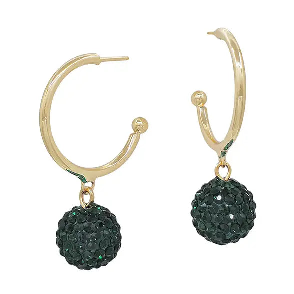 Christmas Gold Hoop Earrings with Rhinestone Ball