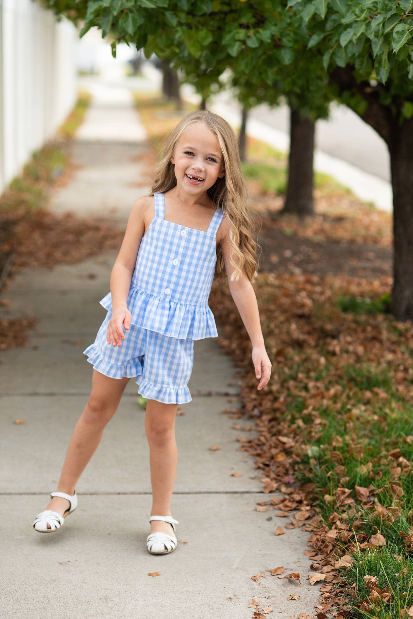 Kids Blue Check Gingham Ruffle Button Short Set, available in sizes 2T-6X.