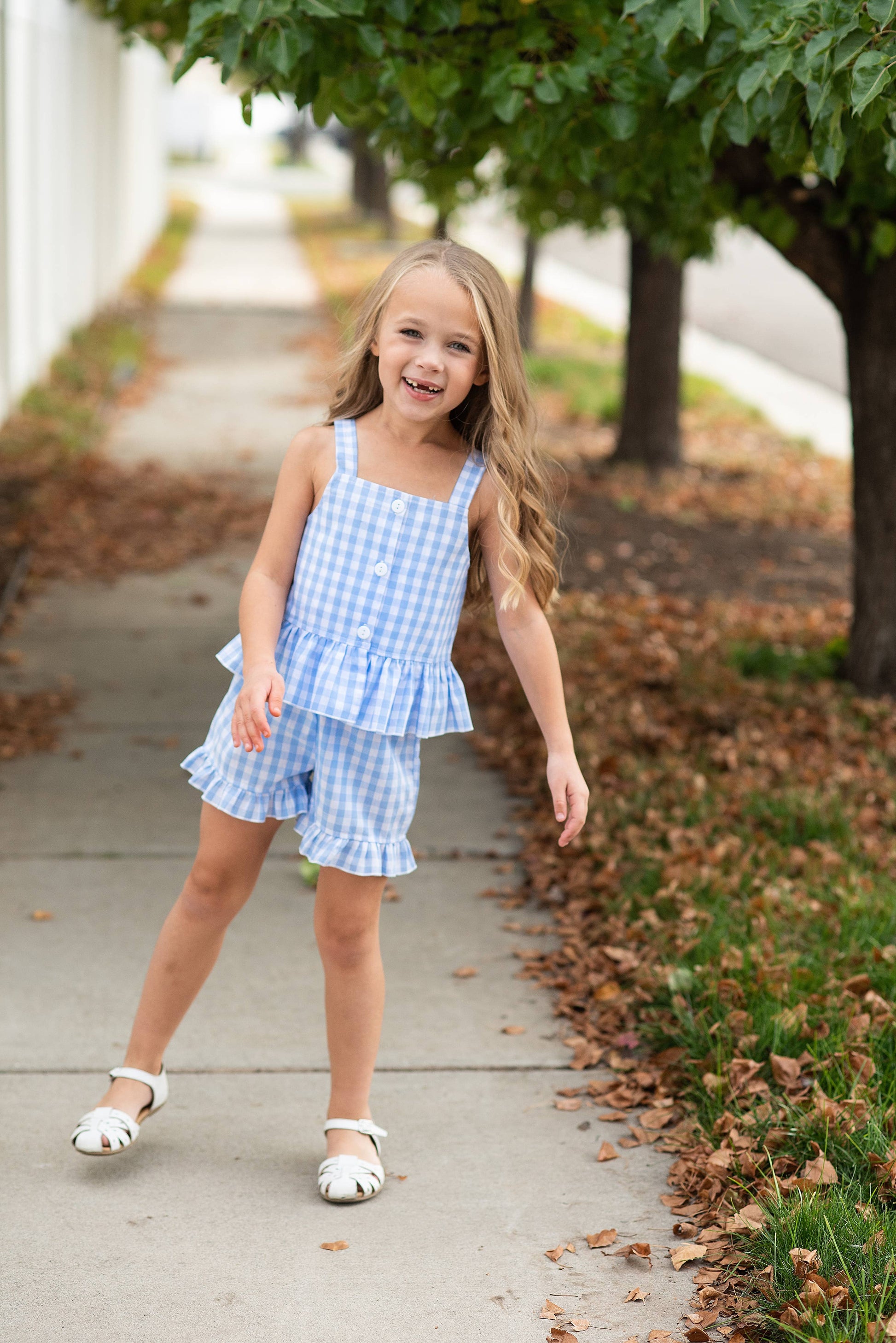 Kids Blue Check Gingham Ruffle Button Short Set, available in sizes 2T-6X.