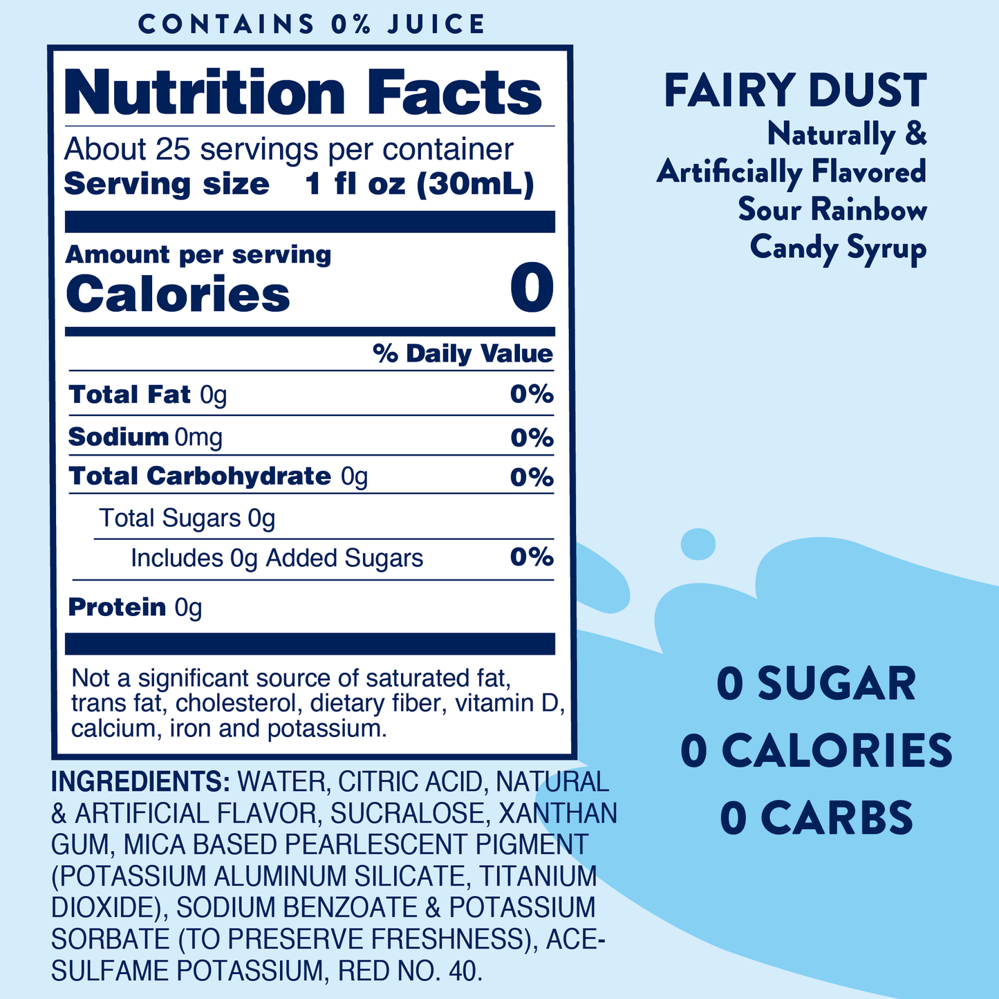 Sugar Free Sour Fairy Dust Syrup nutrition label, 0 cal, 0g sugar, 0g carbs per 1 fl oz. Sizes: not specified. Ingredients listed.