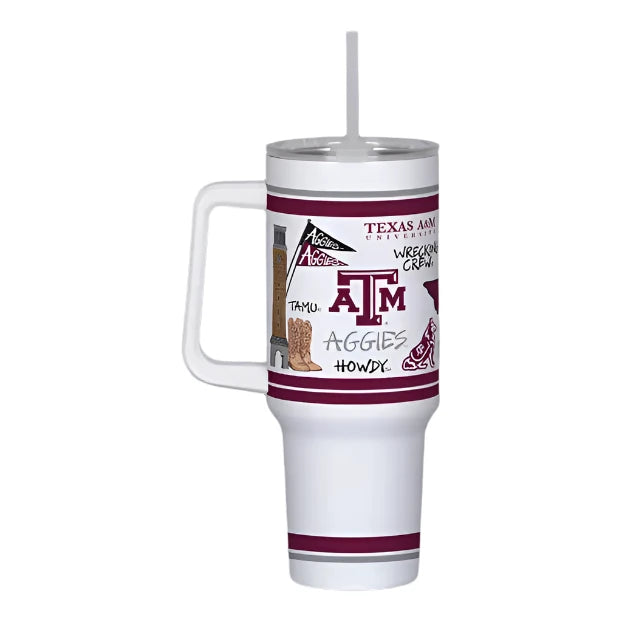 TAMU 40oz Tumbler w/ Handle: white insulated cup with straw, Texas A&M logos, maroon stripes. Size: 40oz.