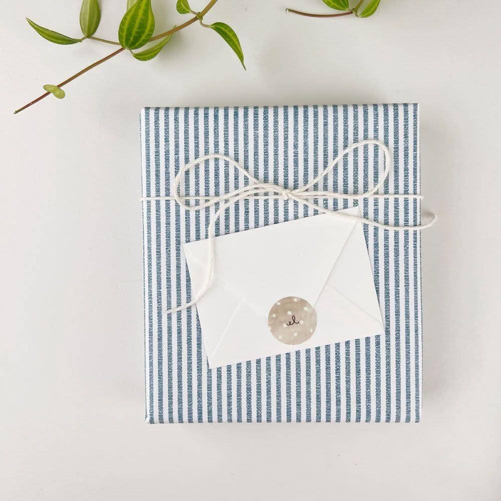 Hobnail bouquet mini enclosure notecard, round sticker seal. Available size: mini. Blue and white stripe gift wrap shown.