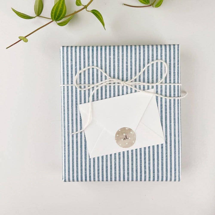 Hobnail bouquet mini enclosure notecard, round sticker seal. Available size: mini. Blue and white stripe gift wrap shown.