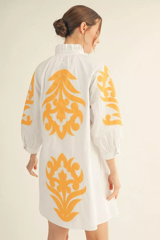 Sunflower Yellow & White Baroque Applique Shift Dress