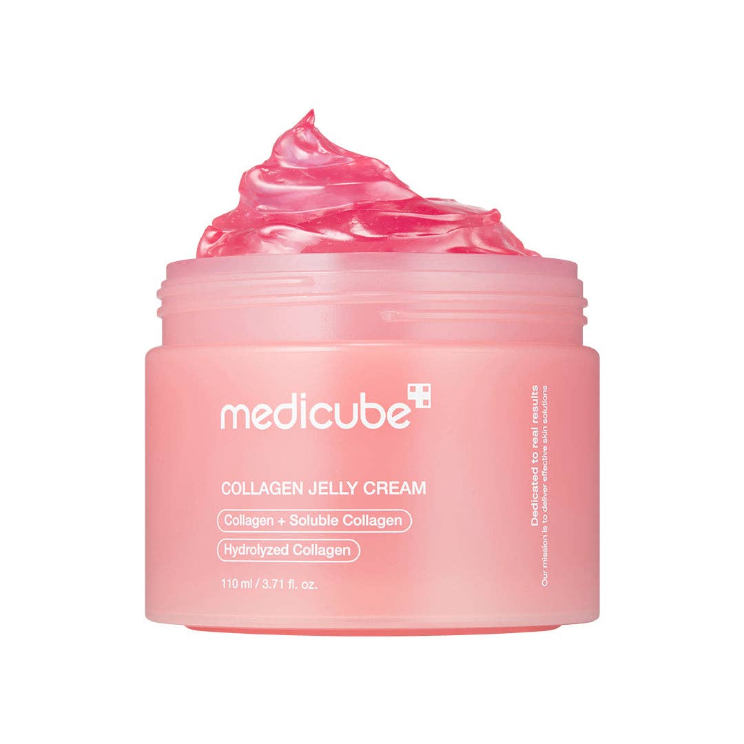 Pink MEDICUBE Collagen Niacinamide Jelly Cream jar, glossy pink jelly inside, labeled "Collagen + Niacinamide," 110ml.