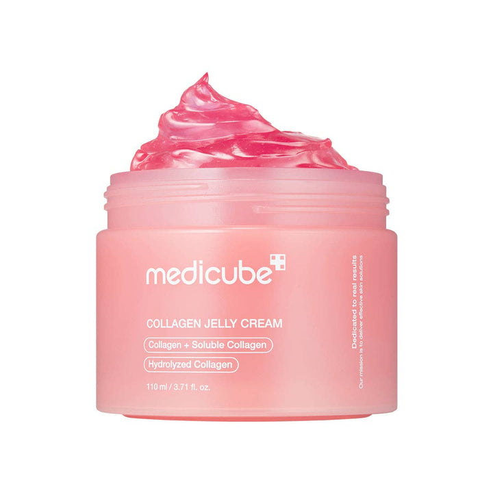 Pink MEDICUBE Collagen Niacinamide Jelly Cream jar, glossy pink jelly inside, labeled "Collagen + Niacinamide," 110ml.