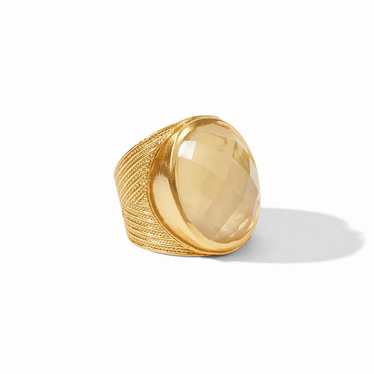 Verona Statement Ring: large faceted oval gemstone on textured 24K gold plate band with chevron details. Sizes: 6, 7, 8.