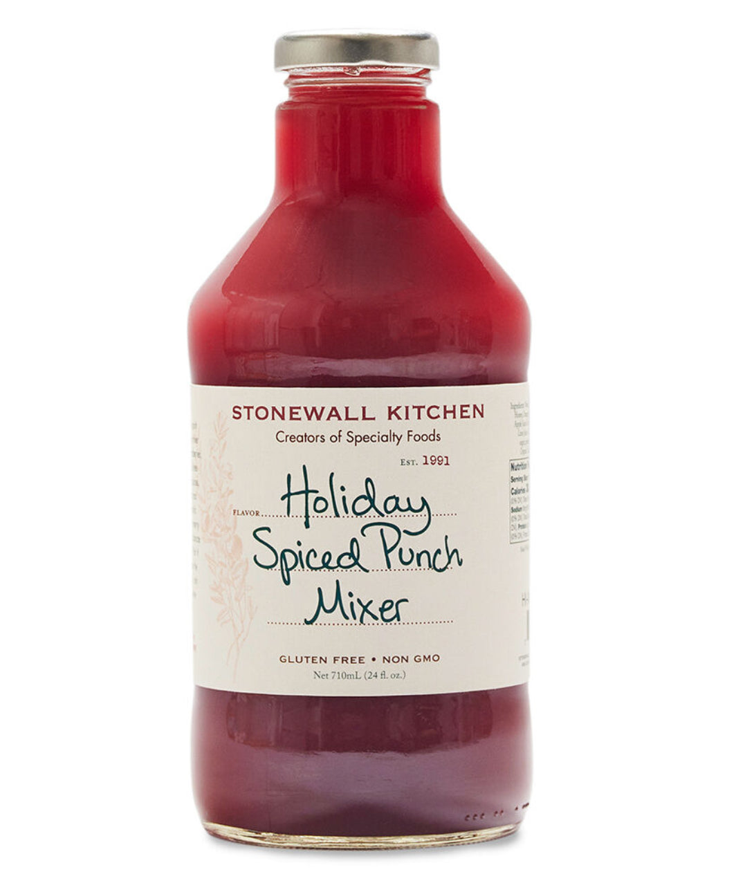 24 oz Stonewall Kitchen Holiday Spiced Punch Mixer, deep red liquid, gold cap, gluten free, non-GMO.