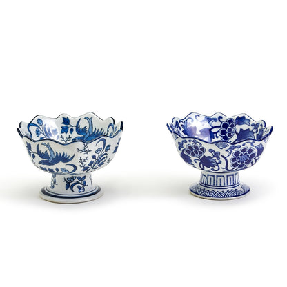 Set of 2 blue and white scalloped edge footed bowls with hand-painted floral patterns. Available in small and large sizes.
