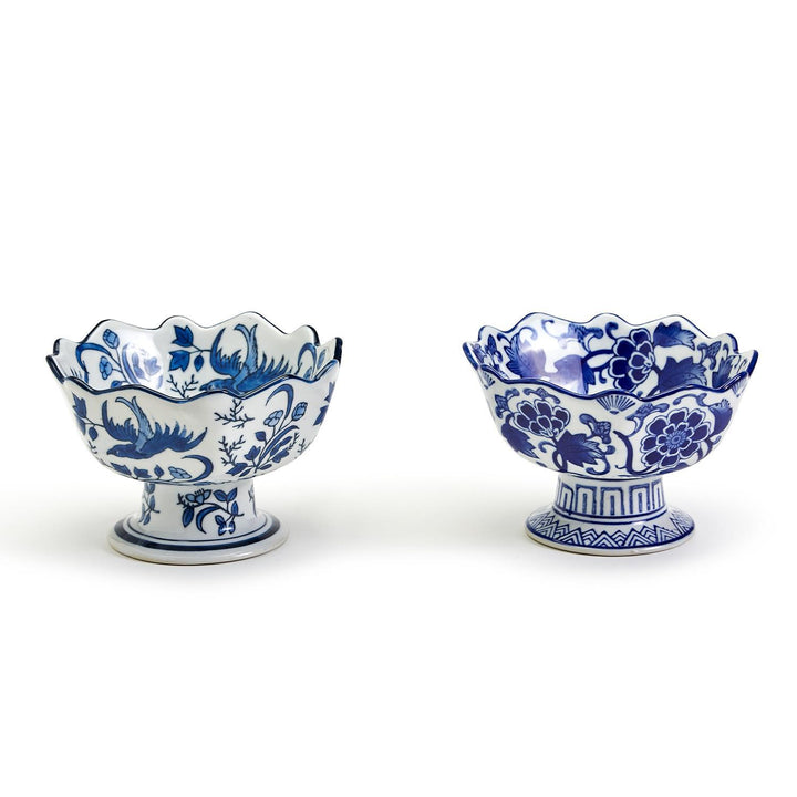 Set of 2 blue and white scalloped edge footed bowls with hand-painted floral patterns. Available in small and large sizes.