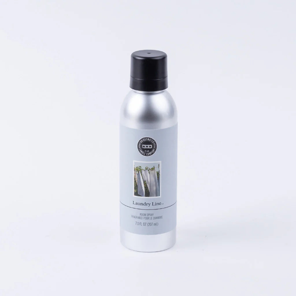 Silver spray bottle with black cap labeled "Bridgewater Room Spray | Laundry Line," available in multiple sizes.