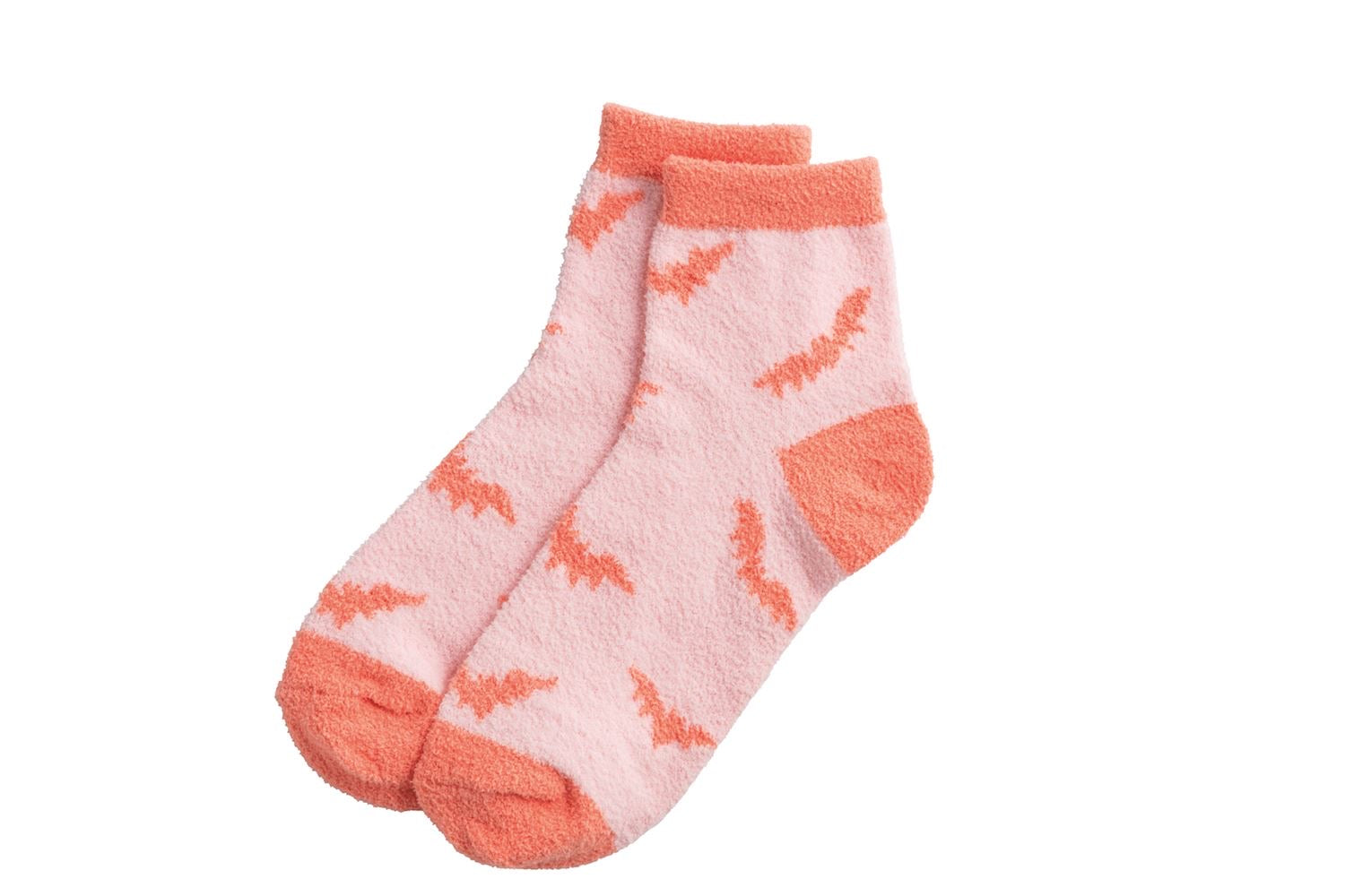 Halloween Sock Set: fuzzy pink socks with orange bats, solid orange heels/toes/cuffs. Sizes available: S, M, L.