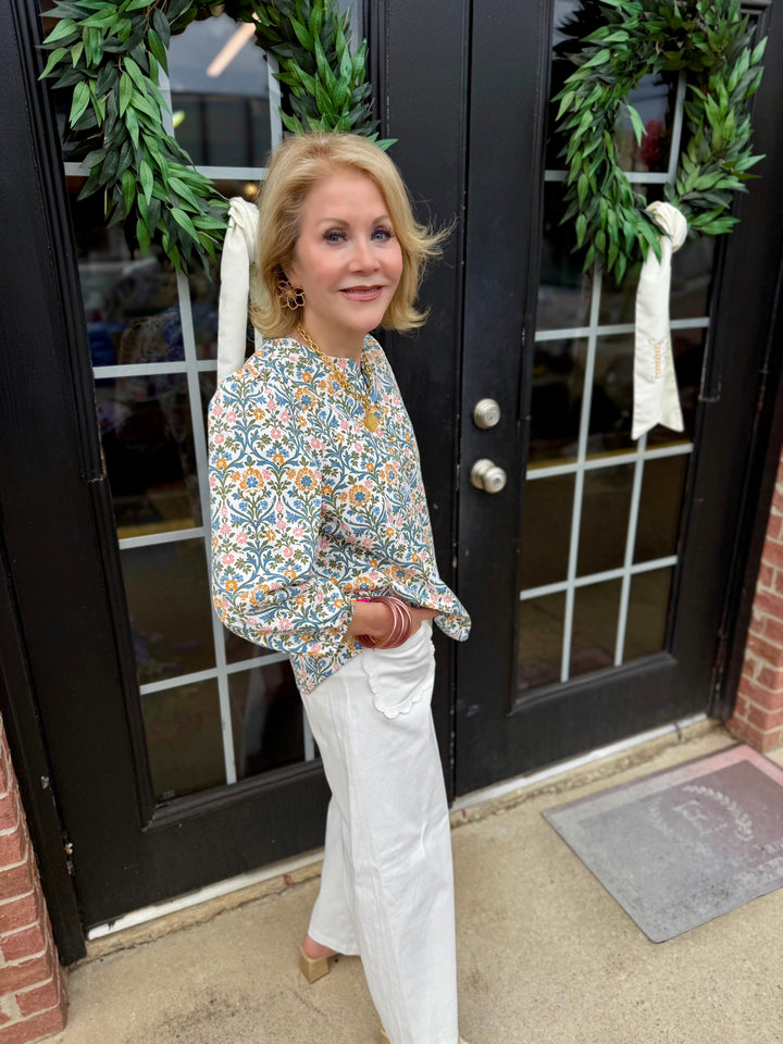 Riley Ashdown Abbey Top with fall floral patterns and gold button accents; available in sizes XS-XL.