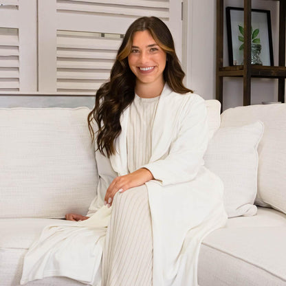 Classic Harbin Robe in Soft White, lightweight fabric. Available in sizes XS-XL.