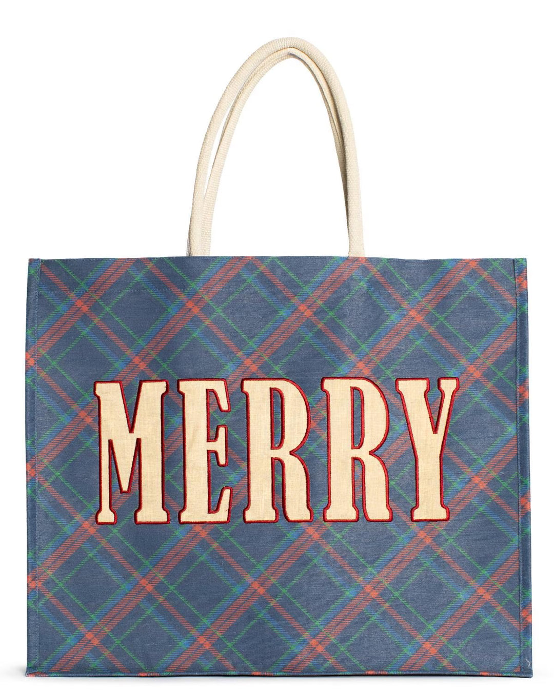 Blue plaid Merry Carryall Tote gift bag with large cream-colored “MERRY” lettering.